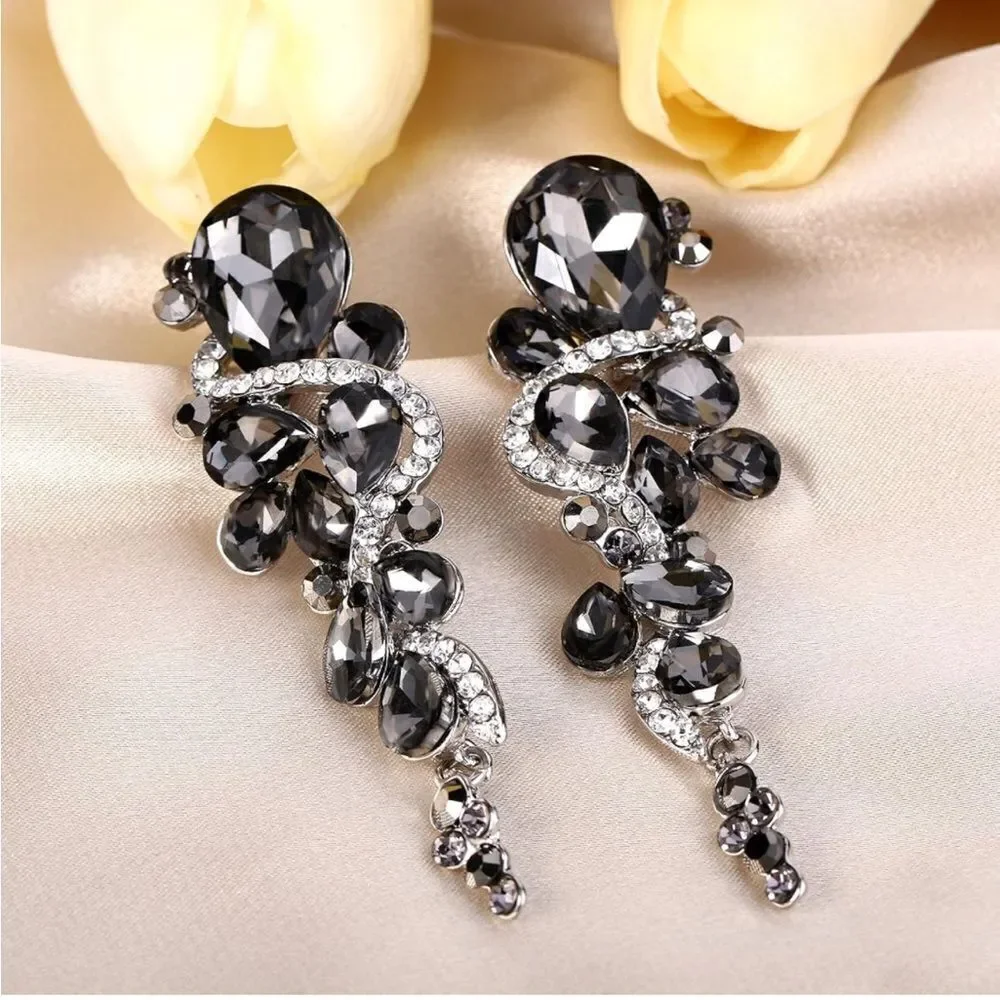 Silver Charcoal Gray and Diamond Austrian Crystal Chandelier Clip On Earrings